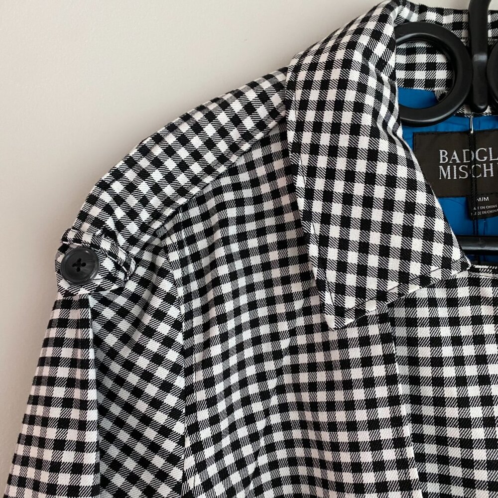 Badgley Mischka Plaid Trench Coat with Satin Blue Lining - Picture 12 of 17